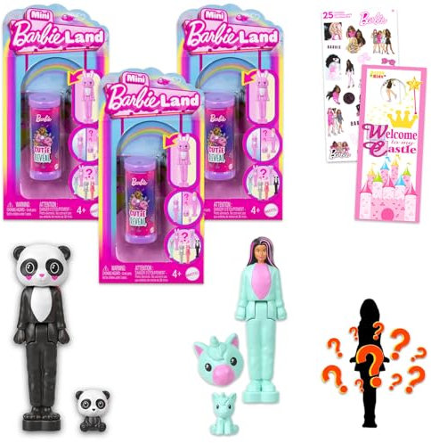 Barbie Mini Barbieland Blind Bag Minifiguren-Set – Paket mit 3 Barbie Blind Cutie Reveal Tube Mystery Barbie Puppen plus Aufklebern, mehr | Barbie Partygeschenke für Mädchen, Kinder