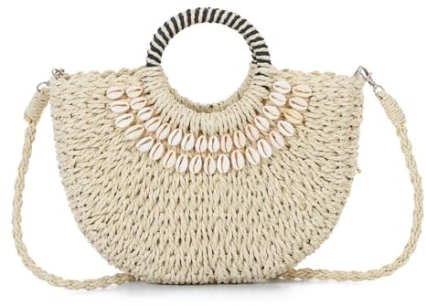 EVEOUT Women Straw Tote with Strap Summer Round Rattan Basket Handbag with Shell Boho Chic Handwoven Crossbody Bag for Beach Holiday