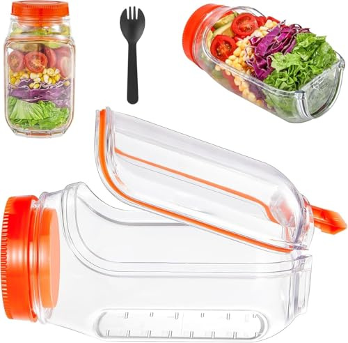 HoldOneLight Salad Pod Jar with Dressing Pot & Spoon, Leak-Proof Bowl with Lid, Portable Bento Salad Jars for Lunch, Office & Travel (Orange)