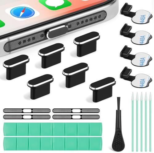 AXFEE 21 PCS Handy Staubschutz, Typ C Staubstecker mit Entfernbarem Kleber | USB C Reinigungsset, 6 Alu USB-C Schutzkappe, Typ C Staubstecker, Handy Reinigungsset Kompatibel mit i-Phone/Samsung/Xiaomi