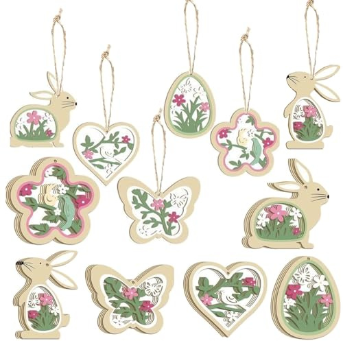 HERZWILD 24pcs Ostern deko zum Aufhängen Doppelseitig Bedruckte Osteranhänger aus Holz Frühlingsdeko Anhänger Osterhase Ostereier Schmetterlinge Blumen Ostern Deko (A-grün)