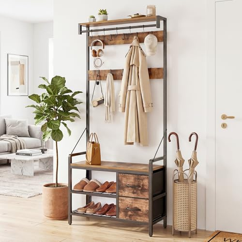 MAXLEAD Coat Rack with Shoe Storage Bench, Freestanding Hallway Storage Unit with Hooks, Drawers & Shelves for Entryway, Hallway, Bedroom