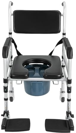 Silla de baño plegable con ruedas, de aluminio, silla de ducha regulable en altura, con asiento acolchado y cubo de inodoro, silla de noche para personas mayores discapacitados hasta 160 kg
