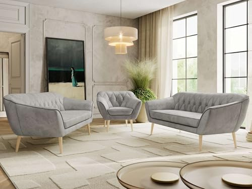 MKS MEBLE Sofagarnitur PIRS 3 + 3 + 1 - Couchgarnitur im skandinavischen Design, Gesteppte Polsterung, Wellenfederung, Wohnzimmer Sofa Set - Buche Beine, Hellgrau Velvet