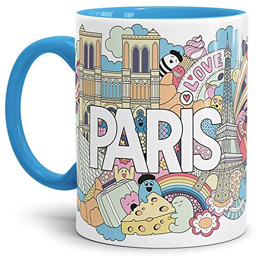 Tassendruck Paris-Tasse Comic-Style - Kaffeetasse/Mug/Cup/Innen und Henkel Blau - Qualität Made in Germany