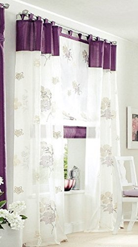 Raffrollo, mit Klettband, Farbe Creme, Lila, Design Floral Bestickt, Transparent, inkl. Montageanleitung und Zubehör, Waschbar, Maße HxB 140x140 cm