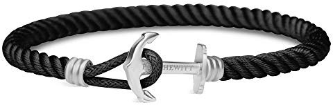 PAUL HEWITT Anker Armband Phrep Lite - Segeltau Nylon Damen und Herren Armband in Schwarz, Armband mit Anker Schmuck aus Edelstahl (Silber) in Größe XL