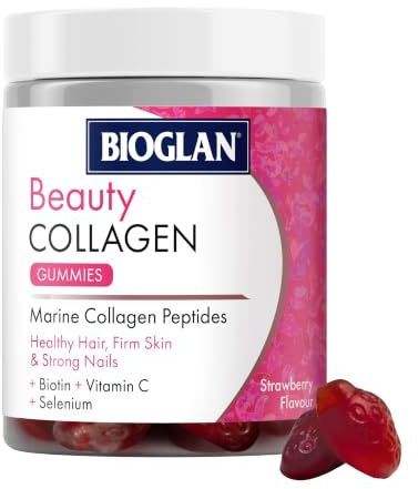 Bioglan Collagen Gummies | 1000mg | Hydrolysed Marine Collagen | Biotin | Selenium & Vitamin C | Strawberry Flavoured | 60 Gummies