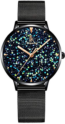 Alienwork Armbanduhr Damen Schwarz Metall Mesh Armband Edelstahl Blau Strass-Steinen Glitzer Elegant