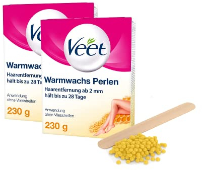 Veet Expert Warmwachs Perlen - Waxing Perlen mit Bienenwachs für die Haarentfernung mit elektrischen Warmwachsgeräten & Wasserbad - 230 g (2er Pack) Wachsperlen mit Holzspatel