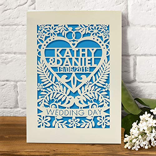 Personalised Wedding Card for Bride and Groom Laser Cut Greeting Cards Congratulations Wedding Day for Newlyweds with Envelopes Custom Gift Hand Finished in UK (Blue)