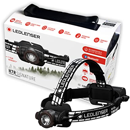 Ledlenser Linterna frontal LED H7R Signature Premium, recargable, impermeable IP67, 1200 lúmenes, Bluetooth, regulación gradual, haz de luz de 260m, cable de carga magnético USB, soporte para casco