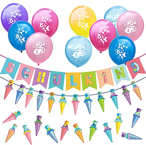 Oblique Unique® Schuleinführung Schulanfang Einschulung Deko Set - Schulkind Girlande + ABC 123 Luftballons + Zuckertüten Girlande + Konfetti Set