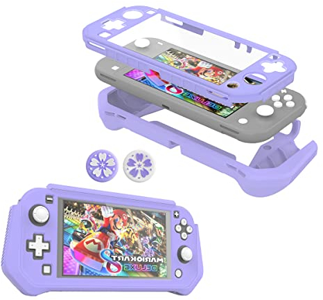 FIWWAT Funda Protectora para Nintendo Switch Lite, Funda Switch Lite con TPU Desmontable + Pantalla de PC Integrada + 4 Tapas de Agarre para Pulgar, Funda de Protección Total Morado