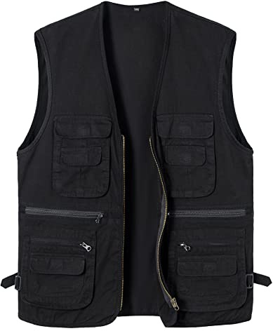 Yukirtiq Homme Gilet de Pêche Photographe Multi-poches Veste de Chasse Sans Manche Gilet de Plein Air Coton Gilet de Peche Voyage, Noir, 3XL