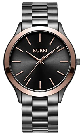 BUREI Orologi da uomo nero minimalista al quarzo orologio da polso per uomini 44 mm grande orologio abiti con cinturino in acciaio inossidabile, oro rosa e nero., Orologio al quarzo