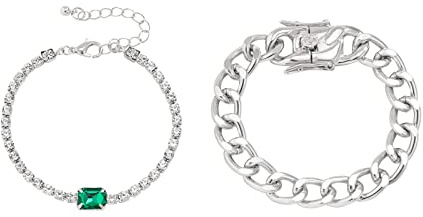Retro Punk Big Ketten Snap Set Persönlichkeit grünes Glas VollDiamantarmband Watch Fit New Armband (White, One Size)
