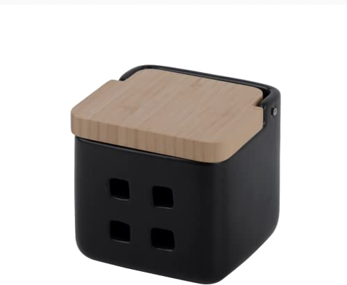KOOK TIME Garlic Keeper - Ceramic with wooden bamboo swivel lid - Garlic Storage Pot with ventilation holes for Optimal Preservation - Garlic Pot 11.5 x 11.5 x 11.5 cm - Matt Black