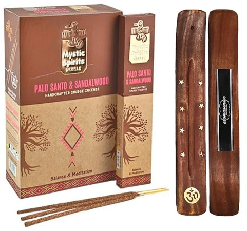 Aromasenses.- Incienso Palo Santo y Sandalo Natural Hecho a Mano Mystic Spirits - Caja Completa con 12 Cajetillas de 8 Varillas Cada una + 1 Tablilla Aromasenses (Palo Santo Y Sandalo)