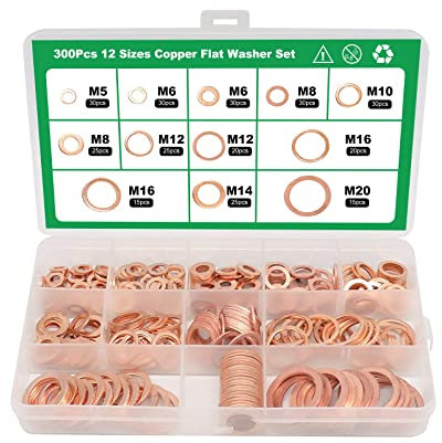 Tapsin 300 Pieza Arandela de Cobre Plana Arandela de Cobre Kit Anillo Plano para Tapones de Sumideros Agua Combustible Accesorios con 12 Tamaños de Arandelas de Bloqueo (M5 M6 M8 M10 M12 M14 M16 M20)