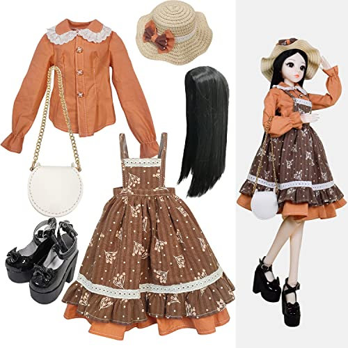 Proudoll 1/3 BJD Puppe Kleidung Outfit Set für handgefertigte stilvolle braune Floral Strap Kleid, Bluse, Hut, Perücke, Crossbody Tasche und High Heel, kompatibel mit 1/3 60cm 24in SD Puppen