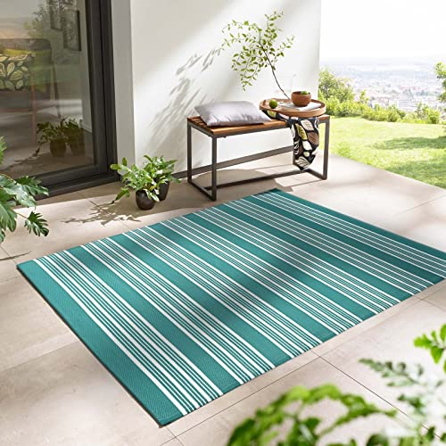 Outdoor Kurzflor Teppich Santa Monica wetterfest, wasserfest, rechteckig, Höhe: 3 mm, Balkon Garten Terrasse Camping Wintergarten Petrol gestreift 140x200 cm