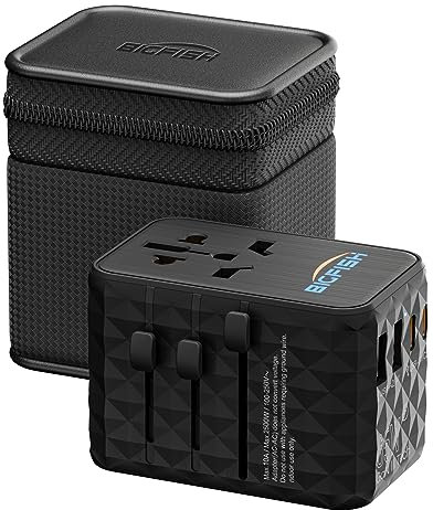 Bigfish Universal Travel Adapter WorldWide with 65W USB C PD Fast Charging, featuring 4USB(2A+2C) ports, and Dual 10A Fuses,All-in-One international design supports EU, UK, US, and AUS plugs
