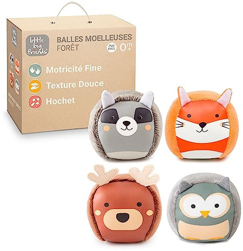 Little Big Friends Les balles Doudous Set de 4 balles Jouet Sensoriel pour bébé | Thème de la forêt