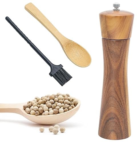 Salz und Pfeffermühle Holz, Gewürzmühlen mit Keramikmahlwerk, Pfeffermühlen aus Holz mit Befüllungslöffel und Reinigungspinsel, Salzmühle und Pfeffermühle Geschenk (22 cm)