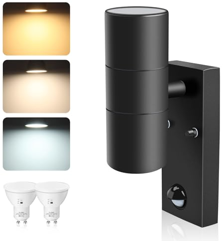 ALUSSO LIGHTING LED Wandleuchte mit PIR Bewegungsmelder Edelstahl Up Down Außenleuchte Innen, Wandlampe inkl. 2x 8W GU10 Glühbirnen 750LM 3000K/4000K/6000K, Aussenlampe IP65 Wasserdicht, Schwarz