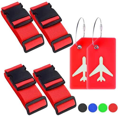 4 Stück Koffergurt Set, gepäckband, kofferbänder, Gepäckgurt Mit 2 Stück Kofferanhänger Mit Adressschild Für Flugreisen, Festes Gepäck Bei Kreuzfahrt (Rot)
