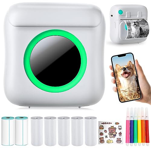 Mini Imprimante Portable, Imprimante Photo Thermique Sans Encre avec 7 Rouleaux de Papier, Imprimante Intelligente Bluetooth Compatible avec Android et iOS, Pour D'étiquettes, Images, Note (C22-Blanc)