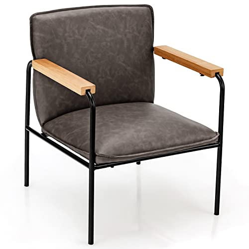 COSTWAY Accent Chair, PU Leather Upholstered Lounge Seat Comfy Armchair with Rubber Wood Armrests & Thick Cushions, Ergonomic Leisure Occasional Reading Chair for Living Room, Bedroom, Office (Grey)