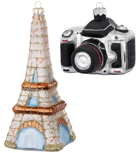 Inge Glas Magic Christbaumschmuck Geschenkset Reise nach Paris | Weihnachtskugel Eiffelturm & Fotoapparat | Christbaumkugel Weihnachtsbaumfigur Figur