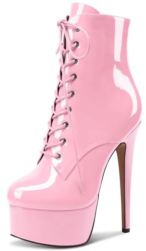 NobleOnly Mujer Aguja Alto High Plataforma Heel Redonda Punta Cordones Cremallera Baile Botines 15 CM Heels Rosa 43 EU