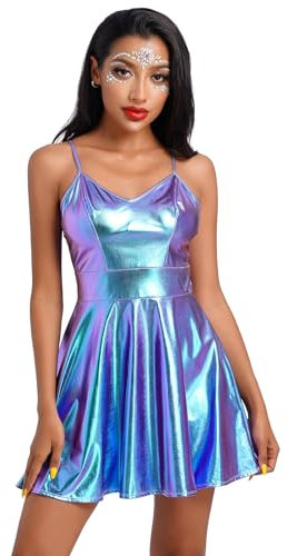 Damen Space Girl Kost?m Metallic Minikleid Tr?gerkleid Rave Outfits ?rmellos Glitzer Wetlook Holographisches Partykleid Gl?nzend Skaterkleid Festival Alien Cosplay Fasching 80er Clubwear Laser Blau XL