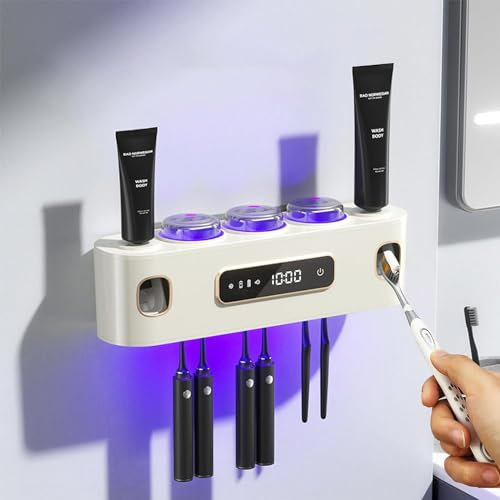 Badezimmer Organizer ZahnbüRstenhalter Elektrischer Zahnpasta-Spender FüR Kinder Und Erwachsene Tubenquetscher FüR Alle Tube,2 Zahnpastaspender Mit 6 ZahnbüRstenschlitze Und 3 Tassen (Weiß)