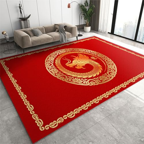 WTVBHF Neuer China Goldener Drachenteppich, Klassischer Rot Goldener Drachenteppich, Weicher und Trendiger Teppich, geeignet für Kinderzimmer, Schlafzimmer, Schlafsäle und Arbeitszimmer-100x140cm