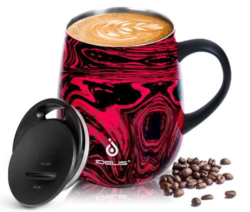 Ideus 16 oz Insulated Coffee Mug with Handle and Lid, Double Wall Stainless Steel Vacuum Insulated Tumbler Cup, Travel Coffee Cup Thermal Cup for Home Office (Red Zebra)