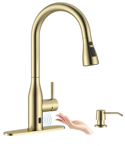 APPASO Robinet de cuisine sans contact doré, doré brossé, robinet de cuisine sans contact, robinet de cuisine sans contact avec pulvérisateur rétractable et distributeur de savon, robinet mains libres