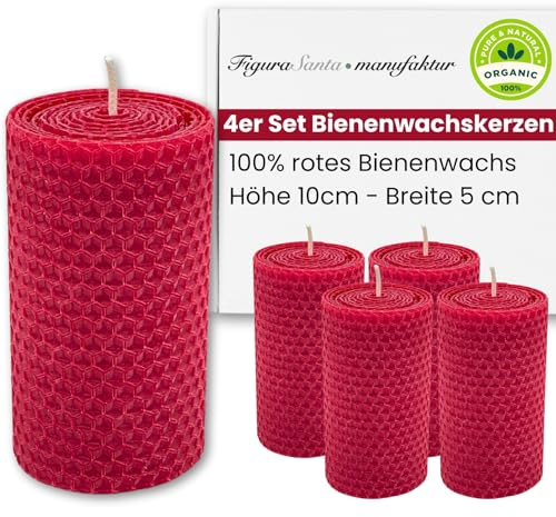 Figura Santa® 4 Bienenwachskerzen rot 10 * 5 cm - Wabenkerzen 100% Kerzen Bienenwachs Bio handgefertigt - Kerzen Adventskranz Weihnachtskerzen Honigkerzen ohne Paraffin - 13 Std. Brennzeit