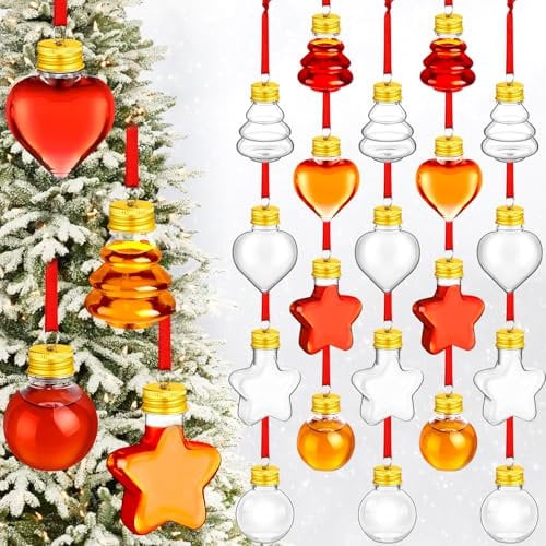 Patelai 24 Pcs Christmas Booze Balls Xmas Fillable Booze Tree Ornaments Christmas Drink Balls Clear Plastic Christmas Shot Glasses Hanging Ornaments Bottle Bulbs for Xmas Party (Classic Style)