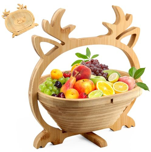 Kalolary Faltbarer Bambus Obstkorb, 2-in-1 Faltkorb Weihnachtselch Obsttablett aus Bambus Korb für Trockenfrüchte Obstschale Holz Obstteller für Weihnachtsdekorationen, Feiertagspartys