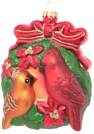 Krebs Glas Lauscha - Decorazione natalizia/decorazione per albero di Natale in vetro – Corona di Natale con 2 uccelli cardinali – Dimensioni: circa 9 cm