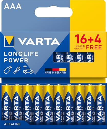 VARTA Batterien AAA, 16+4 (20 Stück), Longlife Power, Alkaline, 1,5V, ideal für Spielzeug, Funkmaus, Taschenlampen, Verpackung zu 90% recycelt, Made in Germany | Micro-Batterie LR03, Made in Germany, bis 10 Jahre lagerfähig, für Spielekonsole, Zahnbürste, Maus oder Controller
