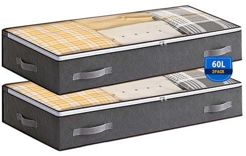 Boic 2 Pack Under Bed Storage Boxes With Lids, Underbed Storage 60L, Foldable Underbed Storage Bags, Clothing Storage Bags With Reinforced Handle For Clothes, Comforters, Blankets & Bedding