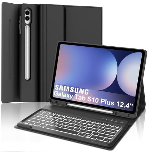 Tastatur für Samsung Galaxy Tab S10+/S9FE+/S9+, 7-Farbige Beleuchtung, Hülle Tastatur Kompatibel mit Samsung Tab S9/S9FE/S10 Plus 12.4 Zoll 2023/2024, Bluetooth Magnetisch mit QWERTZ Layout, Schwarz