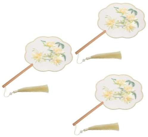 VALICLUD 3pcs Double Sided Embroidery Round Fan Elegant Hand Fan Fringe Hand Fan Antique Round Fan Cool Fan Gold Clutch Purses for Women Embroidery Fan Summer Fan Wooden Handle