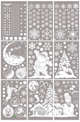 GXGM 260 Stück Weihnachten Fenstersticker Weiß Weihnachten Fensterbilder Doppelseitige Wiederverwendbare Statisch Haftende PVC Aufkleber für Weihnachten Dekoration (9 Blatt 20x30cm)