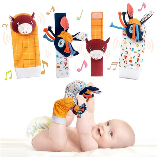 Accevo Handgelenk Rassel Fuß Finder Socken Set für Baby Arm Hand Armband Rassel Füße Bein Knöchelsocken Neugeborenes weiches sensorisches Spielzeug Baby Geschenke 0-12 Monate Kleinkind Mädchen Junge